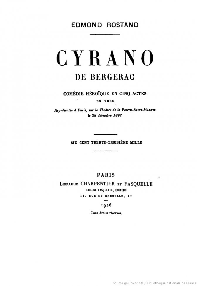 Cyrano de Bergerac. Première de Couverture de la pièce - Gallica BNF